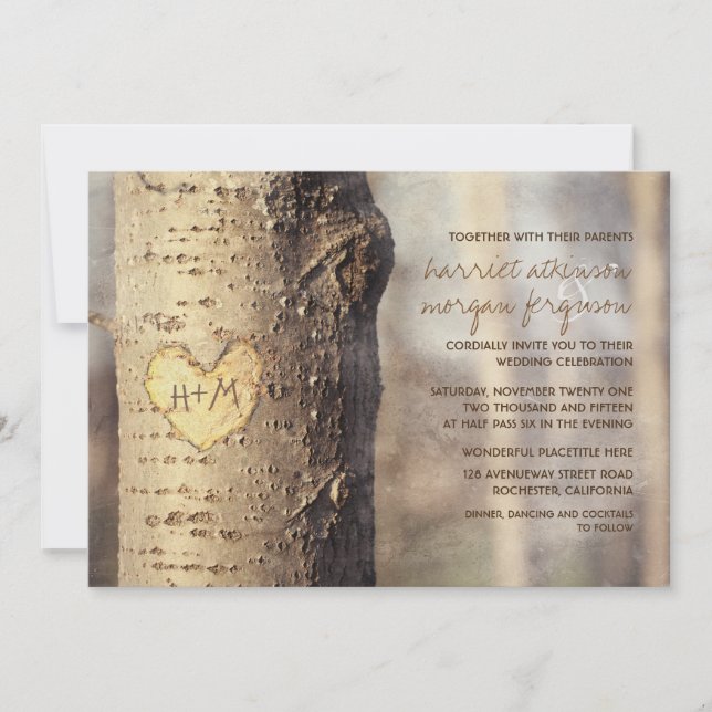 carved heart tree rustic wedding invitations (Front)