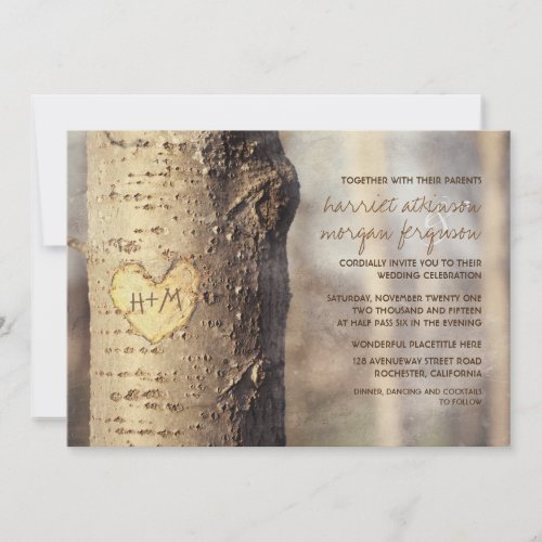 carved heart tree rustic wedding invitations