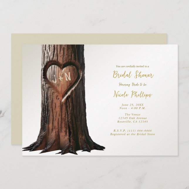 Carved Heart Tree Stump Rustic Minimal Bridal Invitation (Front/Back)