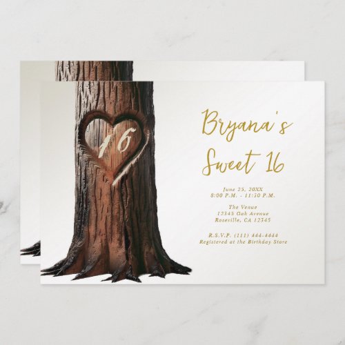 Carved Heart Tree Stump Rustic Minimal Sweet 16 Invitation