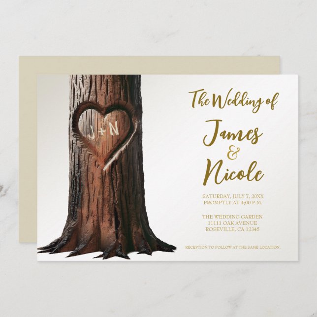 Carved Heart Tree Stump Rustic Minimal Wedding Invitation (Front/Back)