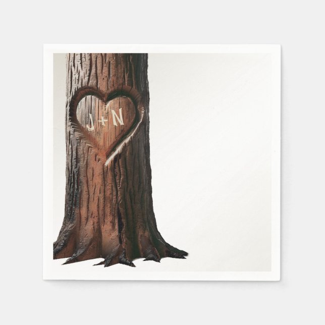 Carved Heart Tree Stump Rustic Minimal Wedding Napkins (Front)
