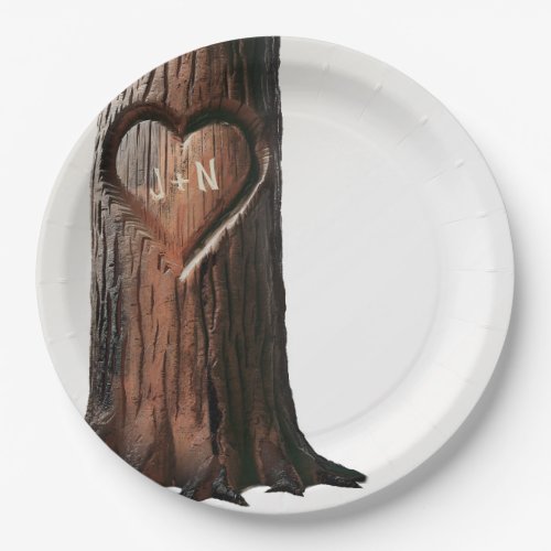Carved Heart Tree Stump Rustic Minimal Wedding Paper Plates