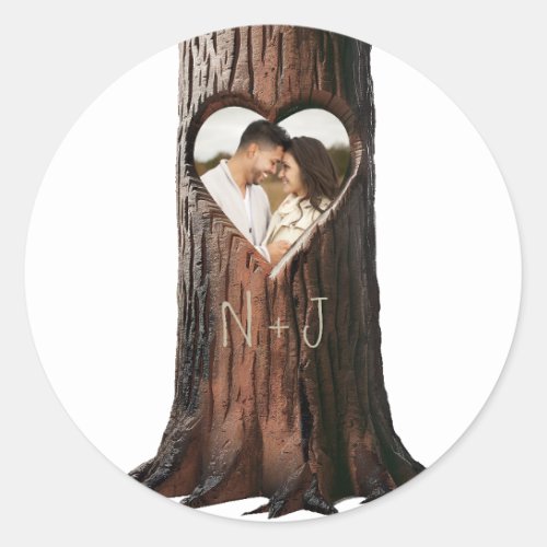 Carved Heart Tree Stump Rustic Photo Wedding Classic Round Sticker