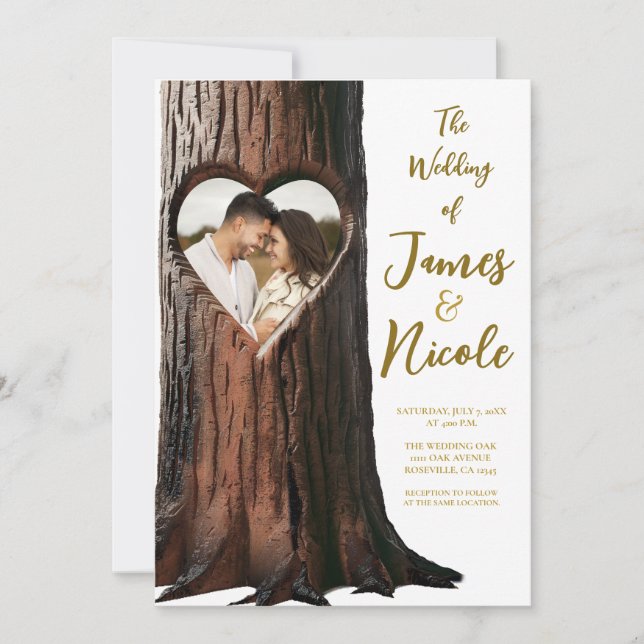 Carved Heart Tree Stump Rustic Photo Wedding Invitation (Front)
