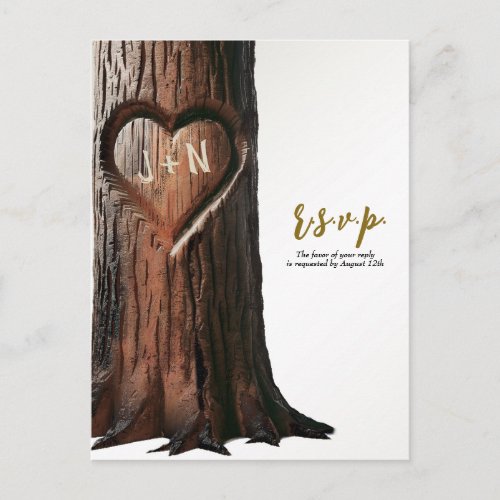 Carved Heart Tree Stump Rustic Wedding RSVP  Announcement Postcard