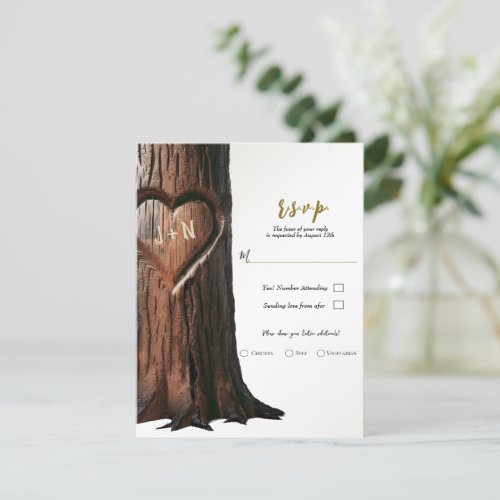 Carved Heart Tree Stump Rustic Wedding Reply RSVP Invitation