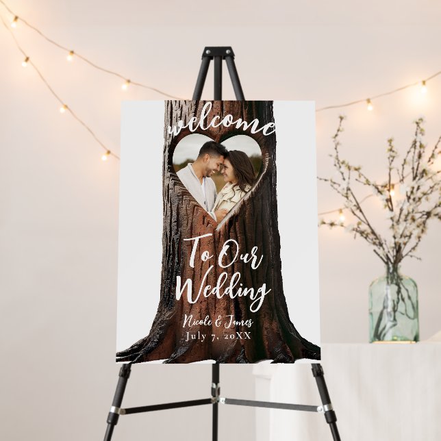Carved Heart Tree Stump Rustic Wedding Welcome  Foam Board (In Situ (Stand))