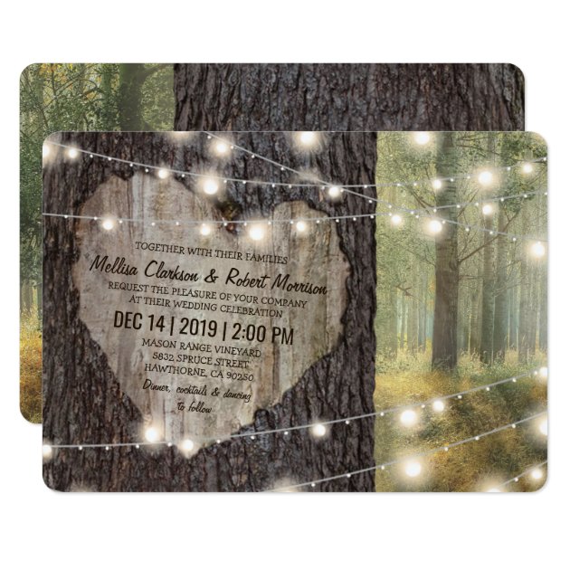 Carved Heart Tree Wedding | Rustic String Lights Invitation