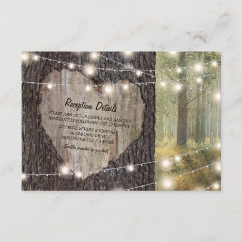 Carved Heart Tree Wedding  Rustic String Lights Enclosure Card