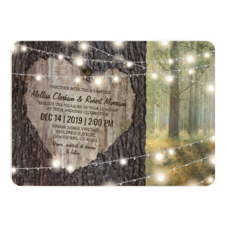 Carved Heart Tree Wedding | Rustic String Lights Invitation