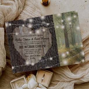 Carved Heart Tree Wedding   Rustic String Lights Invitation