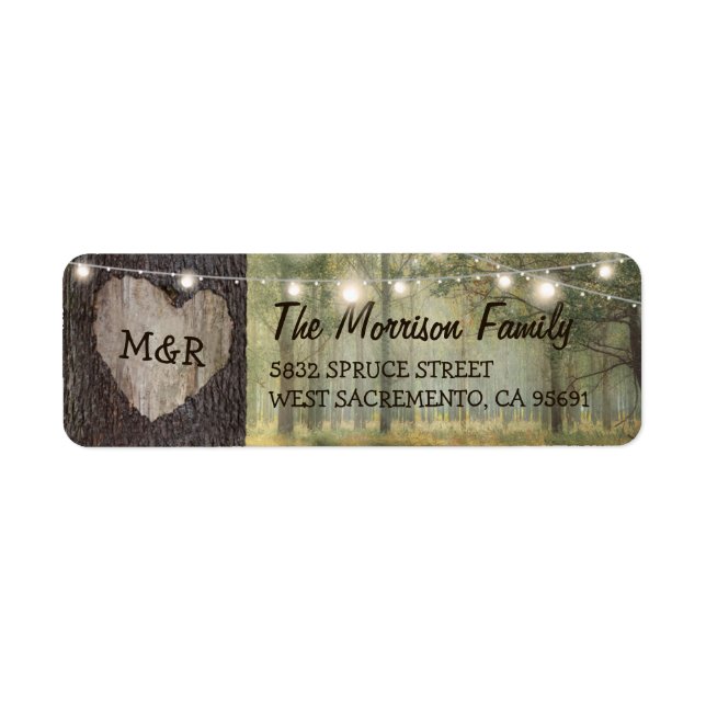 Carved Heart Tree Wedding | Rustic String Lights Label (Front)
