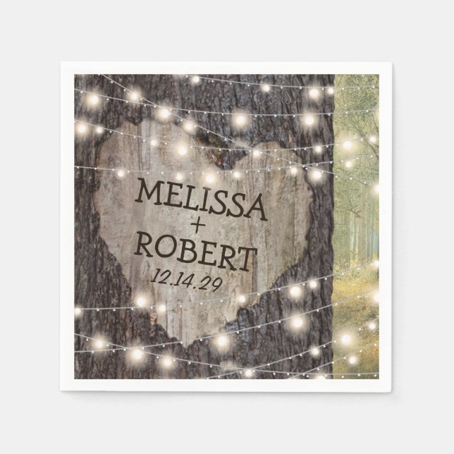 Carved Heart Tree Wedding | Rustic String Lights Napkins (Front)