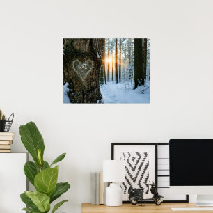 Carved Heart Winter Forest Wedding Newlywed Couple Poster