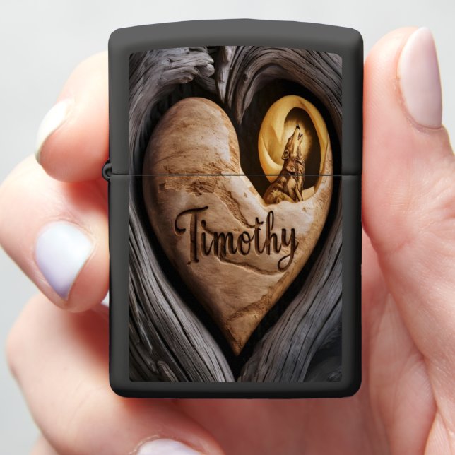 Carved Heart With Wolf Howl Zippo Lighter (In Hand)