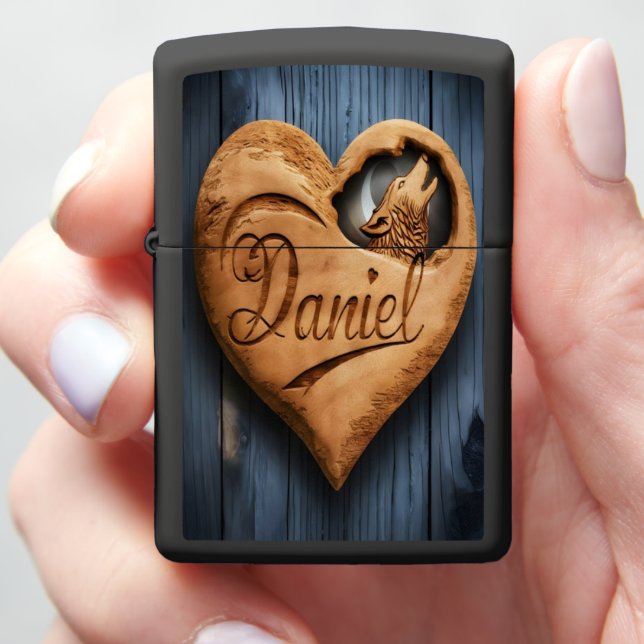 Carved Heart With Wolf Zippo Lighter (In Hand)