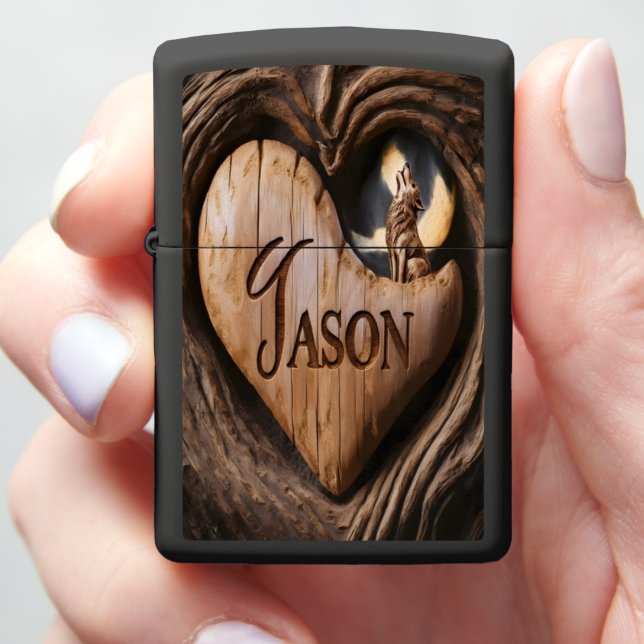 Carved Heart With Wolf Zippo Lighter (In Hand)