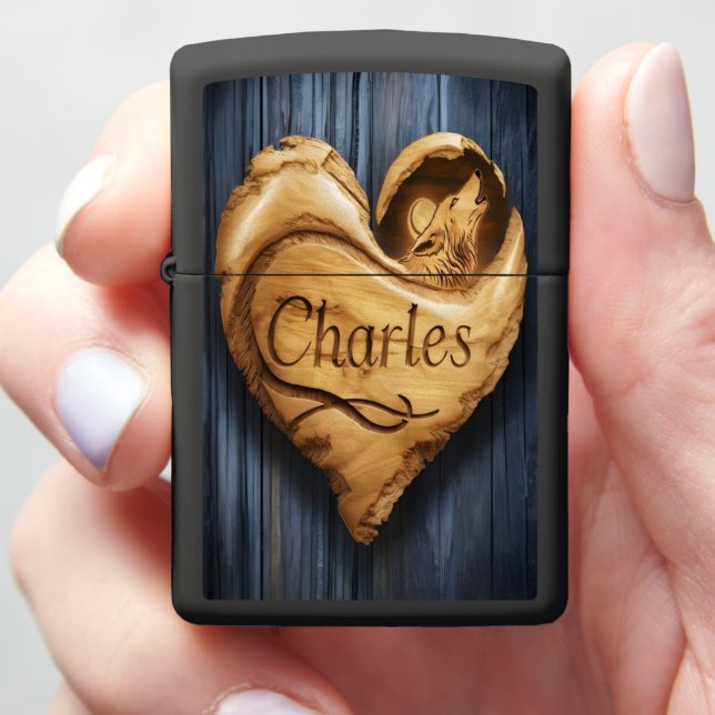 Carved Heart Wolf Sign Zippo Lighter (In Hand)