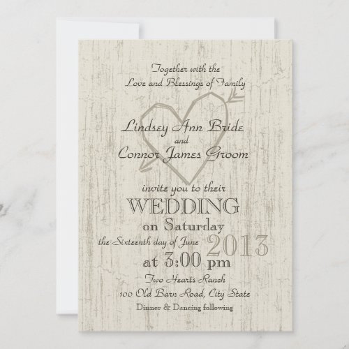 Carved Heart Wood Look Wedding Invite