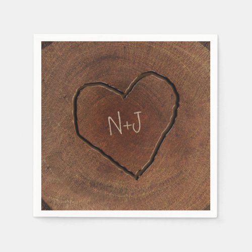 Carved Heart Wood Tree Bark Rustic Wedding Napkins