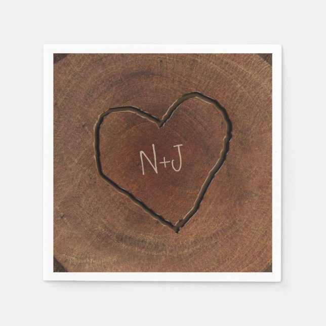 Carved Heart Wood Tree Bark Rustic Wedding Napkins (Front)