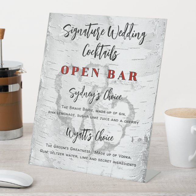 Carved Hearts Birch Wedding Bar Signature Drinks Pedestal Sign (In SItu)