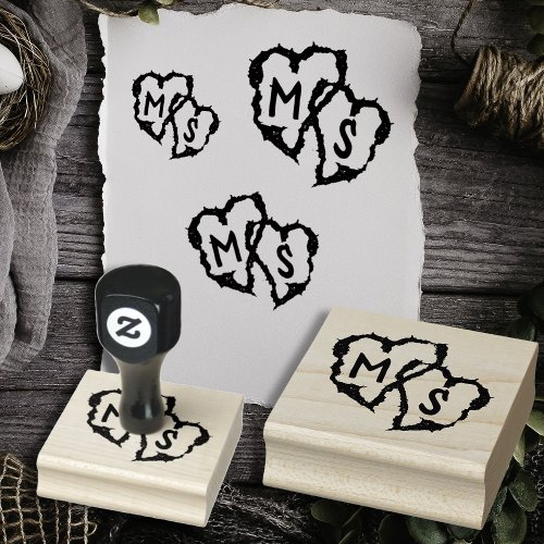 Carved Hearts Wedding Initials Rubber Stamp
