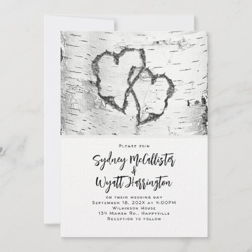 Carved Hearts White Birch Bark Wedding Invitation