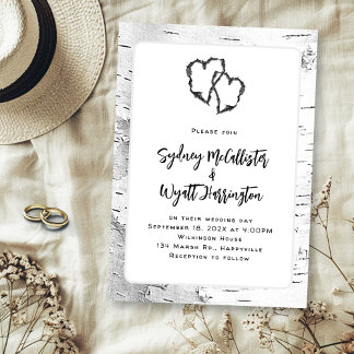 Carved Hearts White Birch Tree Wedding Invitation