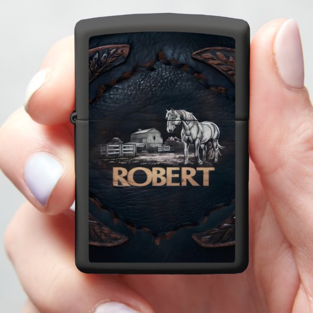 Carved Horse and Barn on Leather Zippo Lighter (In Hand)