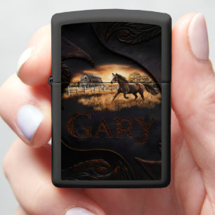 Carved Horse and Barn Scene Zippo Lighter