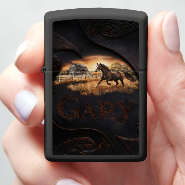 Carved Horse and Barn Scene Zippo Lighter (In Hand)