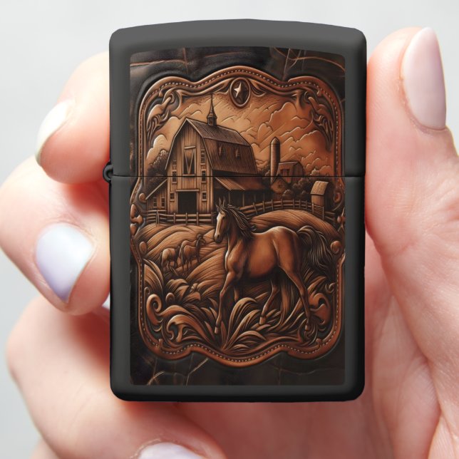 Carved Horse and Barn Zippo Lighter (In Hand)