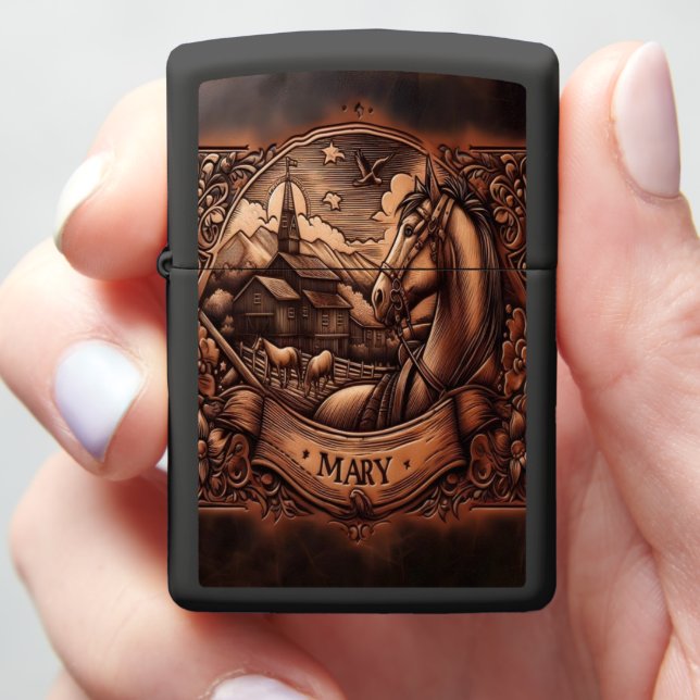 Carved Horse and Farm Scene Zippo Lighter (In Hand)