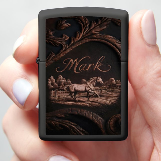 Carved Horse and Nameplate Zippo Lighter (In Hand)
