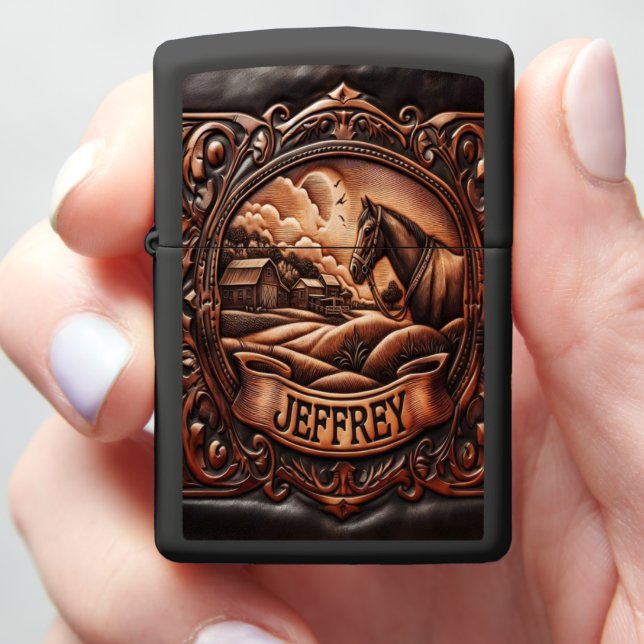 Carved Horse and Sunset Scene Zippo Lighter (In Hand)
