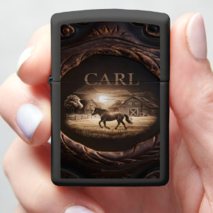 Carved Horse Farm Scene Zippo Lighter