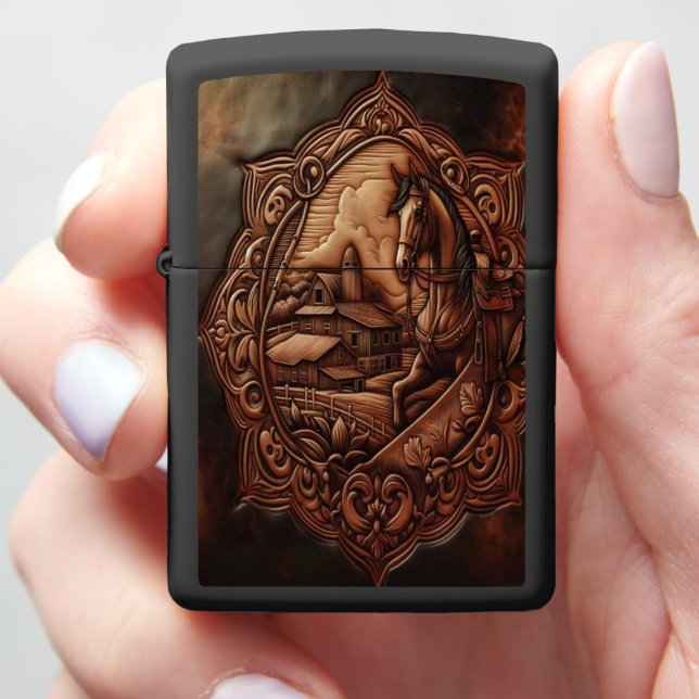 Carved Horse & Farmhouse Zippo Lighter (In Hand)