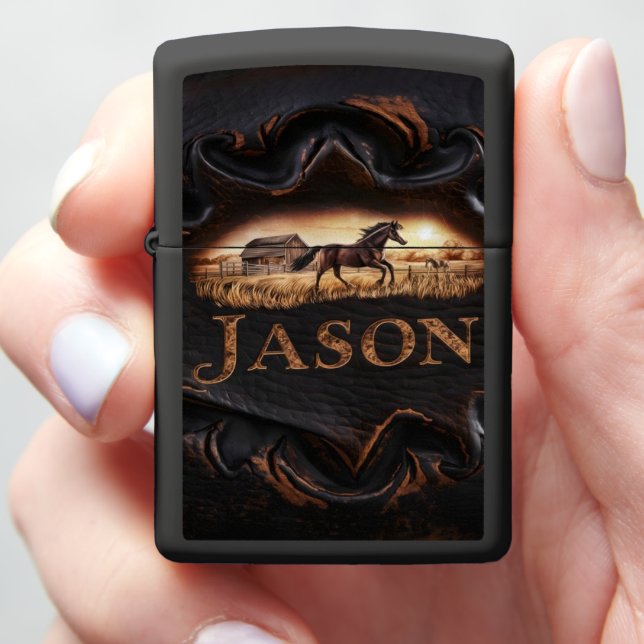 Carved Horse On Farm Scene Zippo Lighter (In Hand)