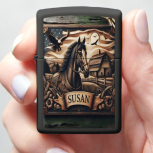 Carved Horse Portrait With Barn Zippo Lighter