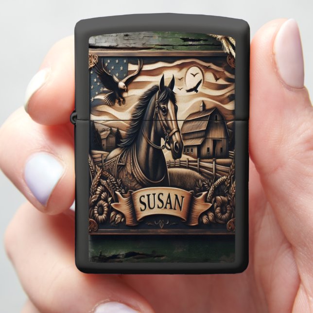 Carved Horse Portrait With Barn Zippo Lighter (In Hand)