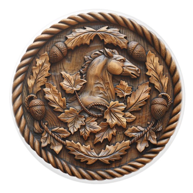 Carved Horse Rope Acorns Oak Leaves Ceramic Knob (Front)