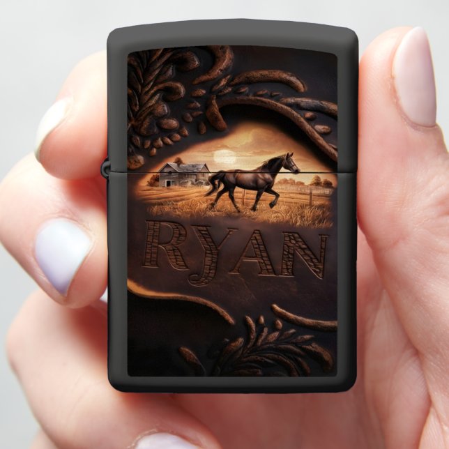 Carved Horse Sunset Scene Zippo Lighter (In Hand)