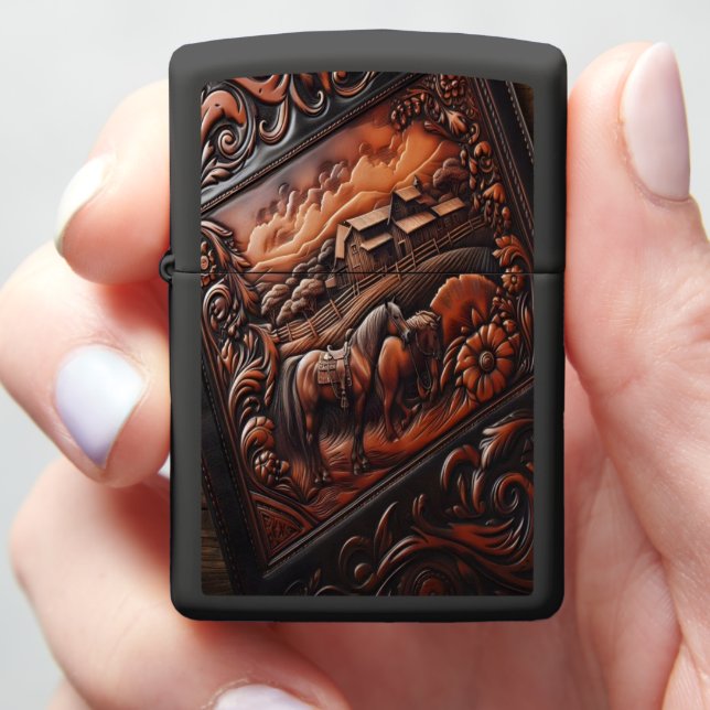 Carved Horses In A Country Setting Zippo Lighter (In Hand)