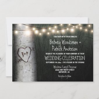 Carved Initials Birch Tree Wedding Invitations | Zazzle
