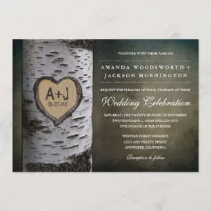 Carved Initials Birch Tree Wedding Invitations