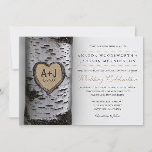 Carved Initials Birch Tree Wedding Invitations