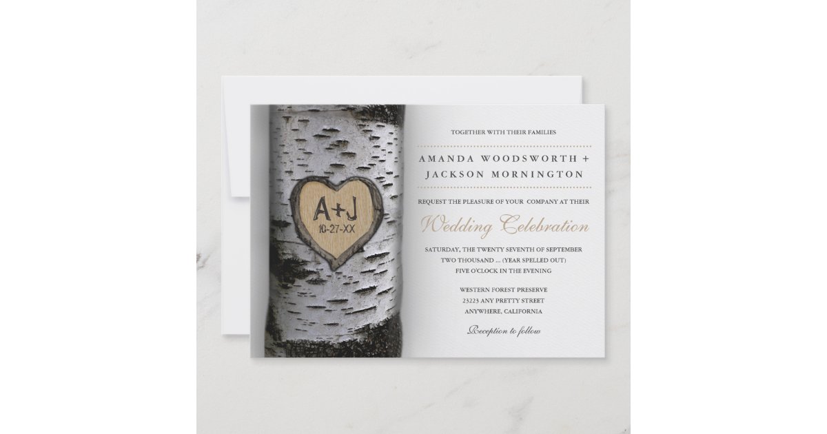 Carved Initials Birch Tree Wedding Invitations | Zazzle