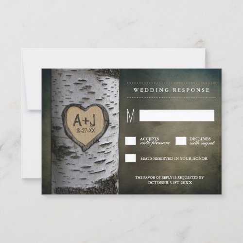 Carved Initials Birch Tree Wedding RSVP Cards